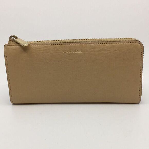 Coach Slim Accordion Zip Long Wallet Tan Dark Cream Saffiano Leather - Picture 1 of 16